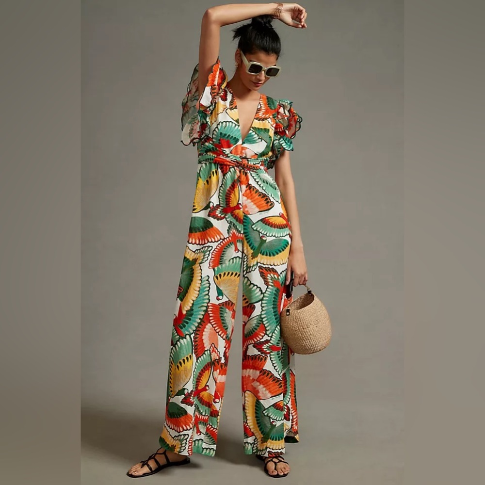 Anthropologie Ruffle-Sleeve Linen Jumpsuit Sz M